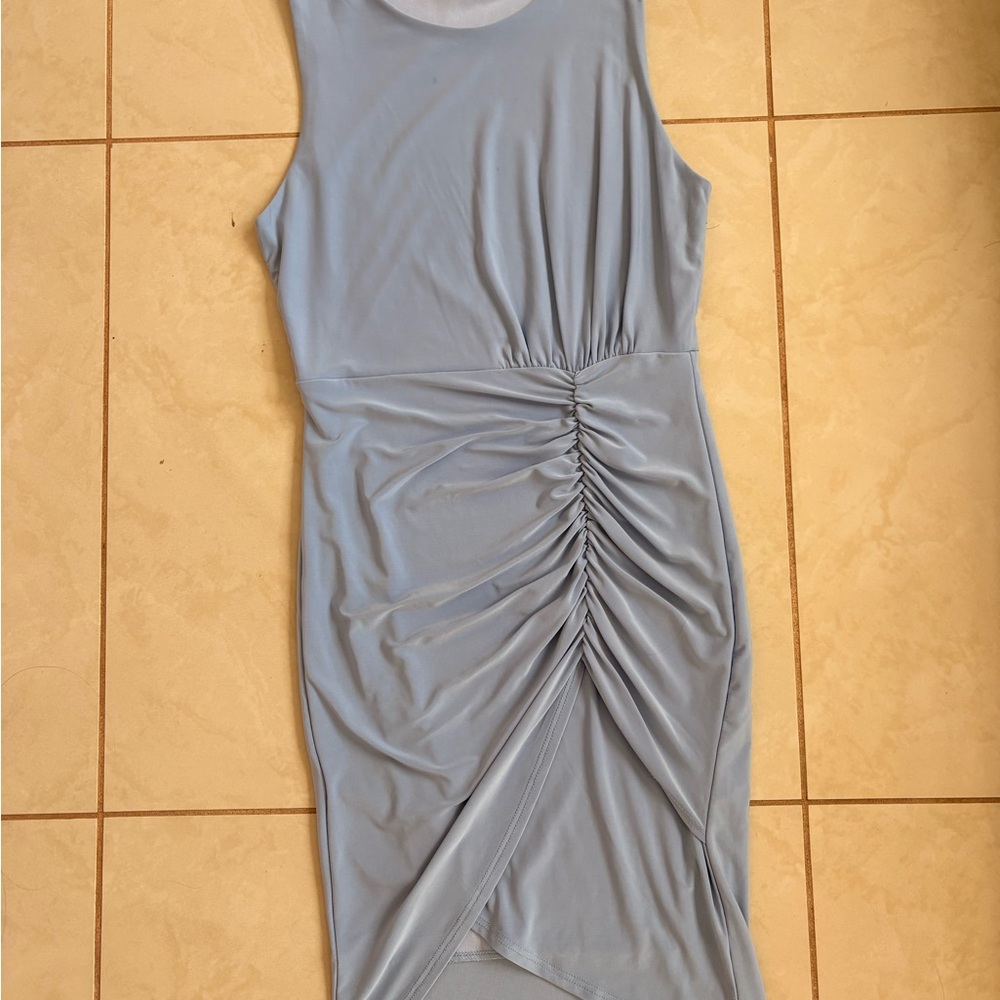 Sleeveless Light Blue Ruched Midi Dress